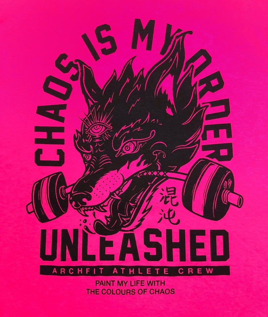 Camiseta 'Chaos' de algod'on rosa brillante para Chrossfit - estampado espalda